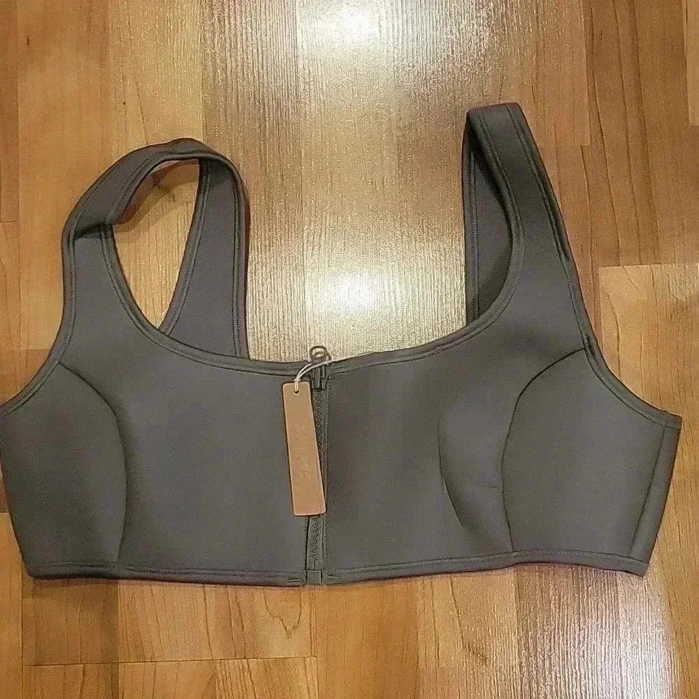 Skims Swim Top Front Zipper Racerback Rubberized Scuba Gray Chalk 2X